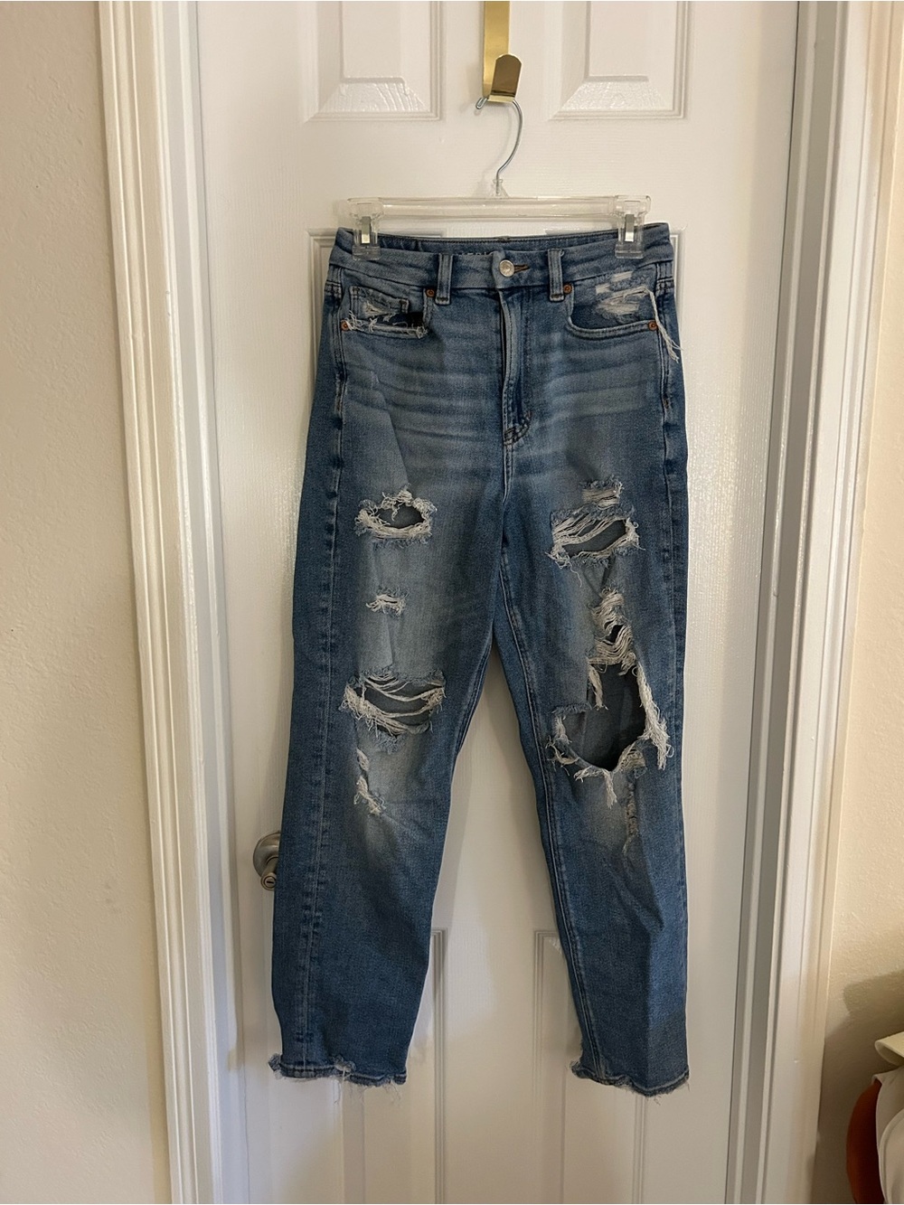 American Eagle Distressed Dark Blue Relaxed Curvy Mom Jeans
